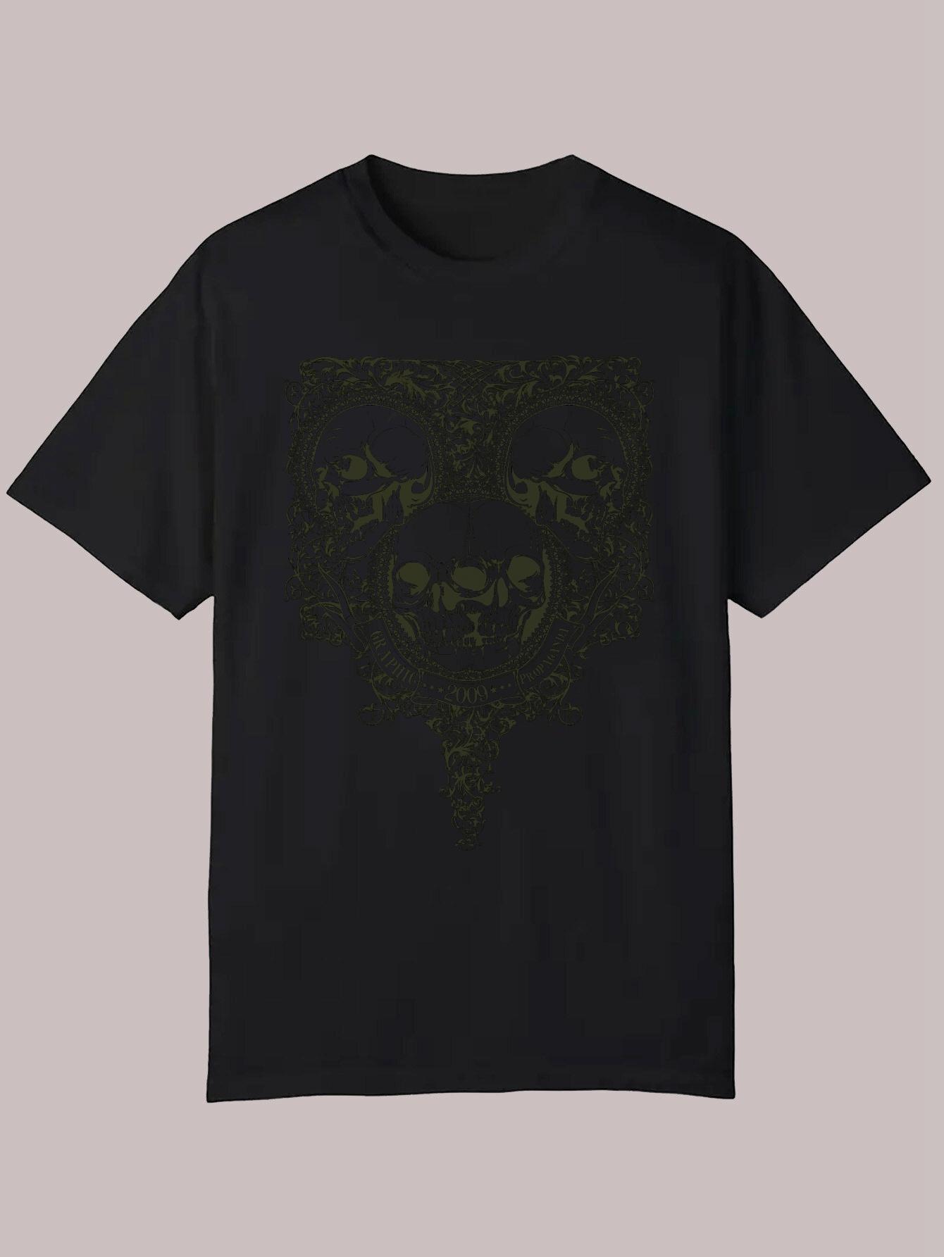 Summer Casual Short Sleeve T-shirt - Black with Golden Skull & Floral Print S
