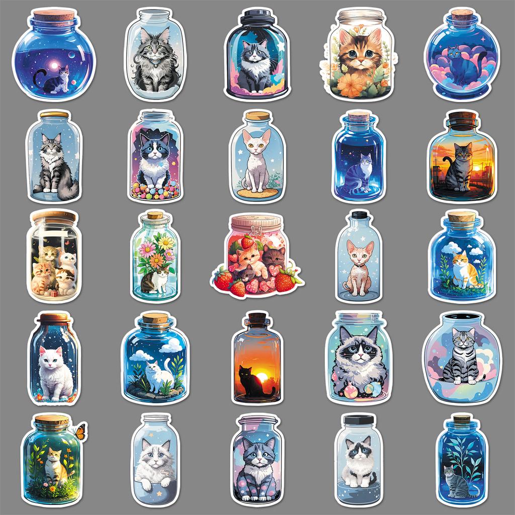 50 Bottles of Cat Doodle Stickers Personalized Cartoon Cute Cat Decorative Mobile Phone Water Cup Creative Stickers