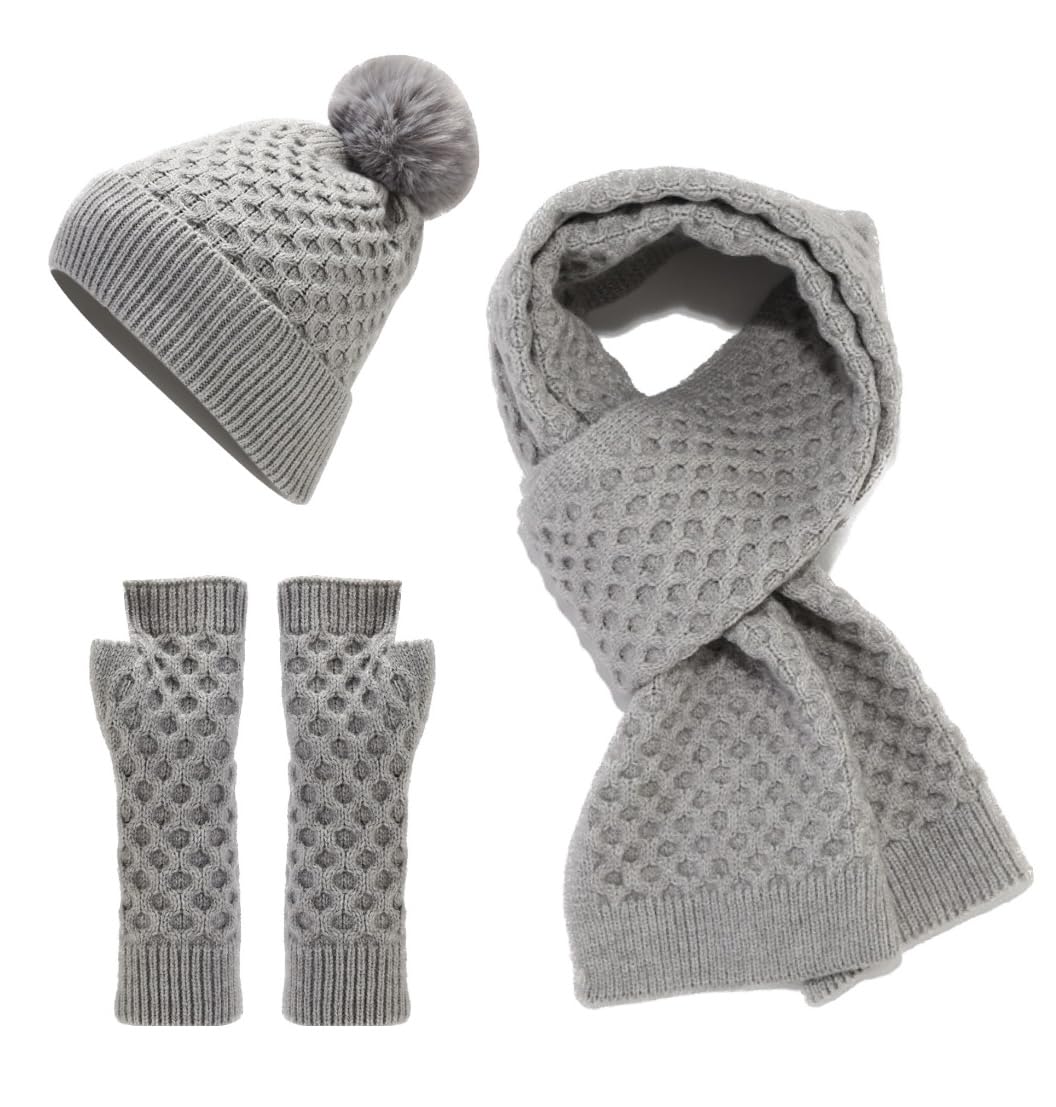 

Вязаная шапка и стильный аранский зимний комплект для тепла с пушистой флисовой подкладкой и эластичной вязкой, теплый и идеальный для осени, унисекс размер [$ole only] Набор из 3 предметов серый