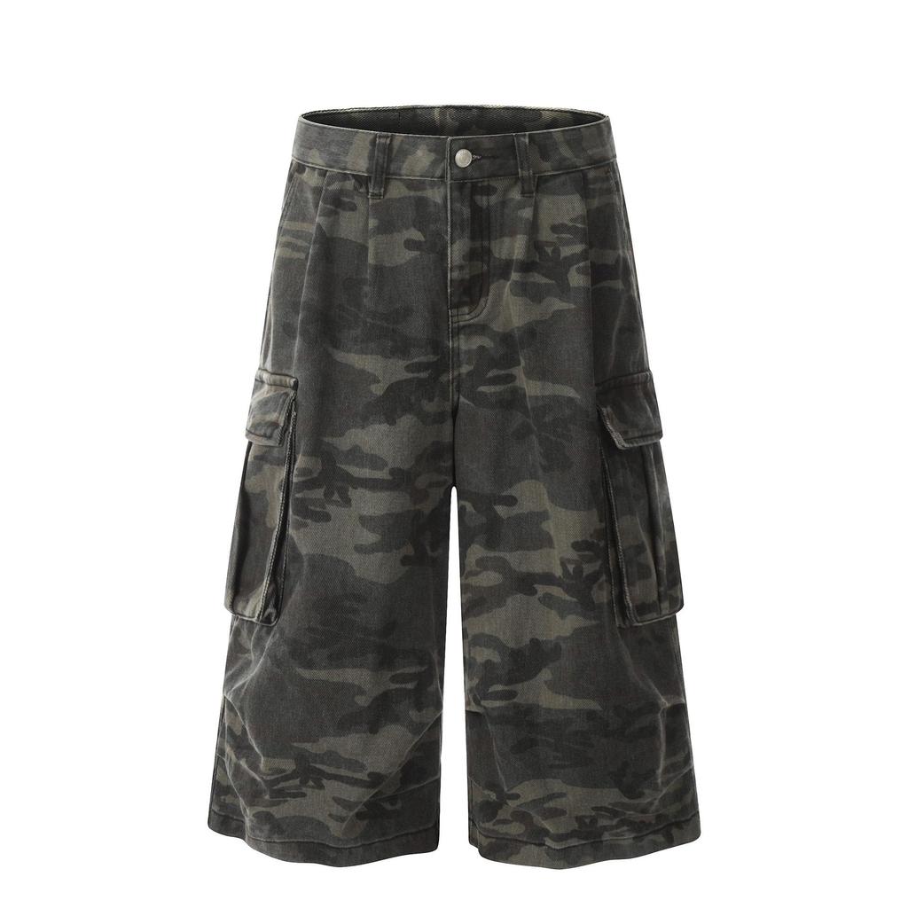 Unisex American Retro Camo Wide-Leg Mid-Length Jeans