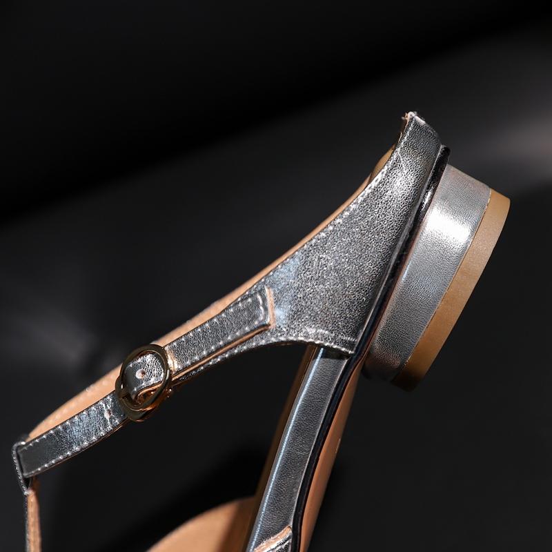 Fashion Women's New Spring/Summer Square Headed Elastic Belt with Genuine Cowhide Square Plaid Low Heel Large Headed Muller Slippers