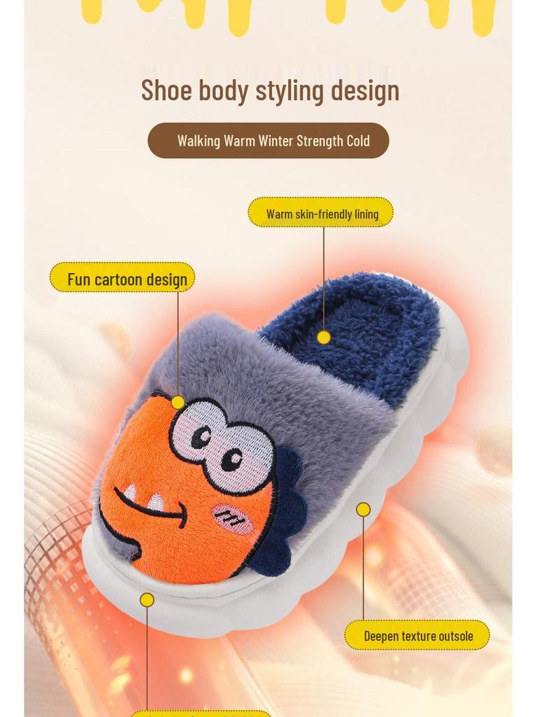 Children's Winter Dinosaur Cotton Shoes with Heel Support, Non-slip Thick Sole, Plus Velvet, Furry, Warm Home Slippers for Boys and Girls.