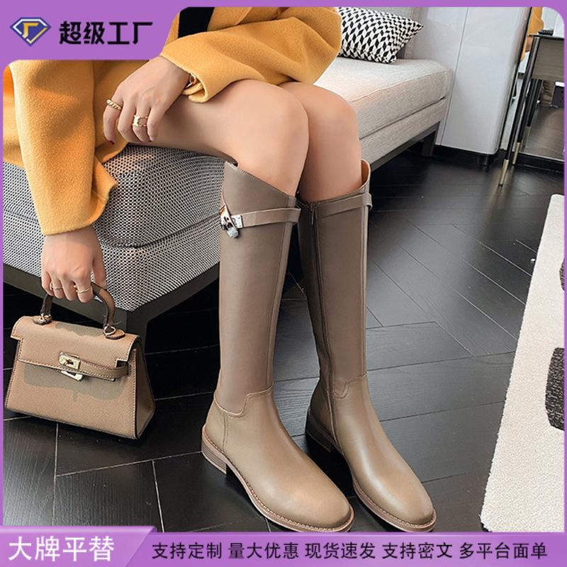 Grape Mom Studiolee Black Boots Female Internet celebrity After Zipper Thick Bottom Tall Skinny Motorcycle Rider Boots