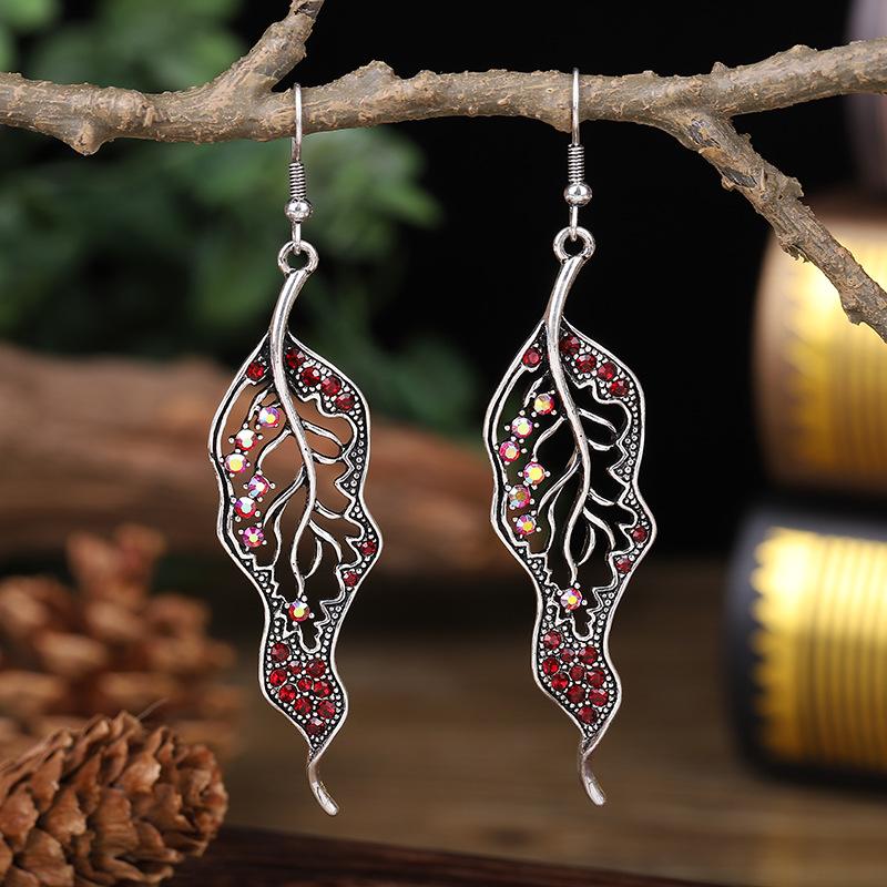 New Design Leaf Earrings For Women Geometric Hollow Drop Dangle Long Earrings Zircon Crystal Rhinestone Ethnic Earrings Brincos красный