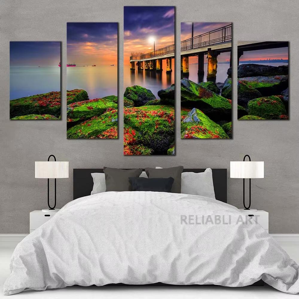 5 Stück Cleopatra Ozean Leinwandbild Wandkunst Oranger Himmel Ozeanstrand Multi Türkei Sandstrand Sonnenaufgang Wanddekoration Ohne Rahmen