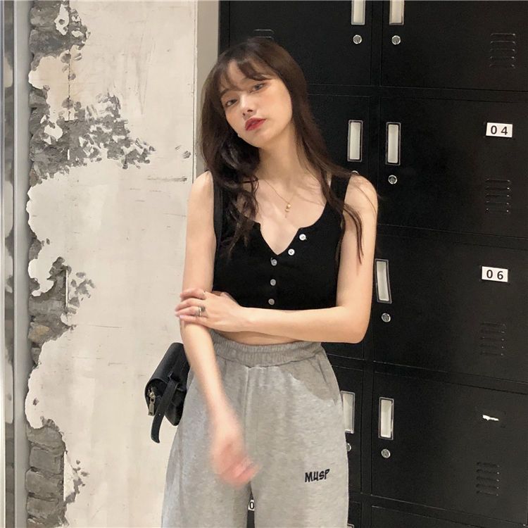 Solid Women's Vest Button Sexy Tops Sleeveless Black White Fashion Lady Tees