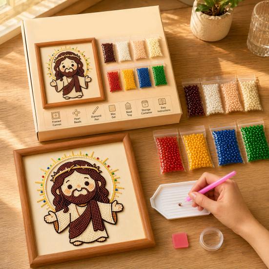 Jesus Faux Pearl Painting Kit, DIY Handmade Jesus Rhinestone Painting Crafts, Beginner Friendly Religious Art Painting for Home Decoration