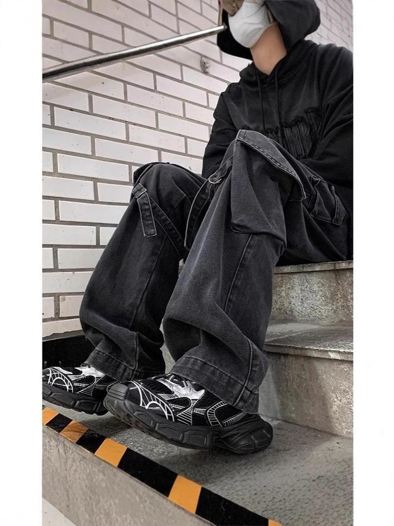 Men's Multi-Pocket Cargo Jeans - Loose Fit, Wide Leg, Spring/Autumn/Winter Casual Trend Pants