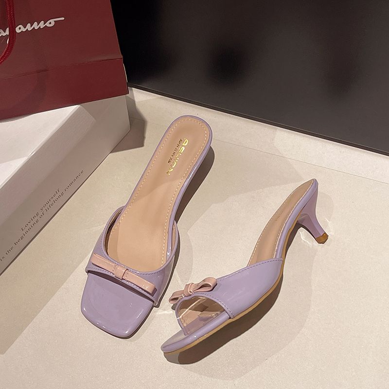 Elegant Slippers Women Shoes Woman Bow Knot Leather Solid Color Peep Toe Thin Heels Ladies Outdoor Shoes