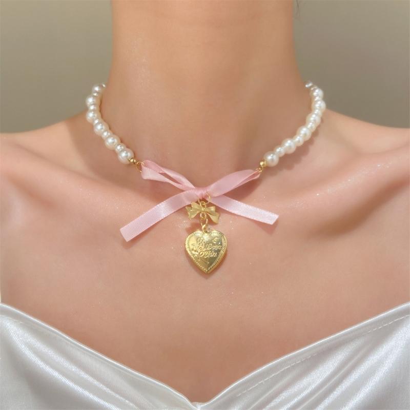Elegante Halskette mit Perlenanhänger und Herz-Schleife für Frauen, süße, vielseitige Choker-Charme-Halsketten, Modeschmuck, Geschenk
