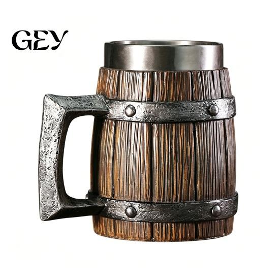 Rustic Wood Grain Beer Cup Barrel Mug, 600ml Stainless Steel Liner Stein, Insulated Mug Tankard for Pub Home Bar Party Gift
