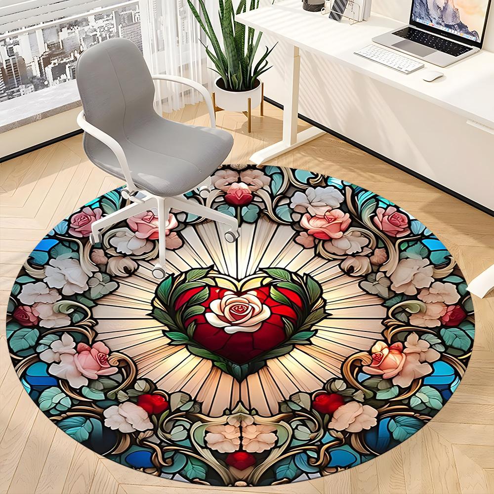 1pc Stained Glass HeartChair Carpet for Office, Indoor Non-Slip Washable Polyester Fiber Carpet, Mat For Office, Machine Washable