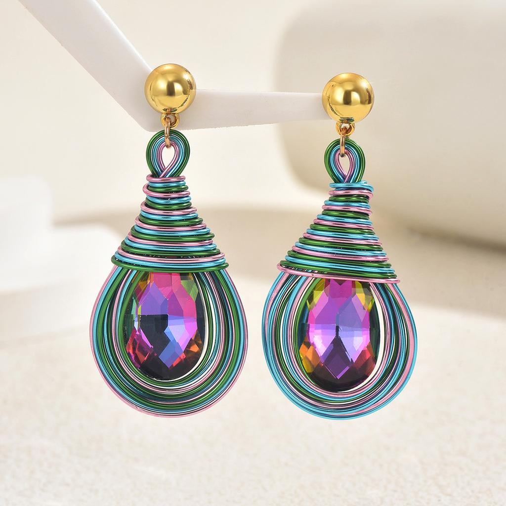 Women's Earrings Geometric Inlaid Color Diamond Water Drop Design Ear Studs All-Match High-Grade Earrings