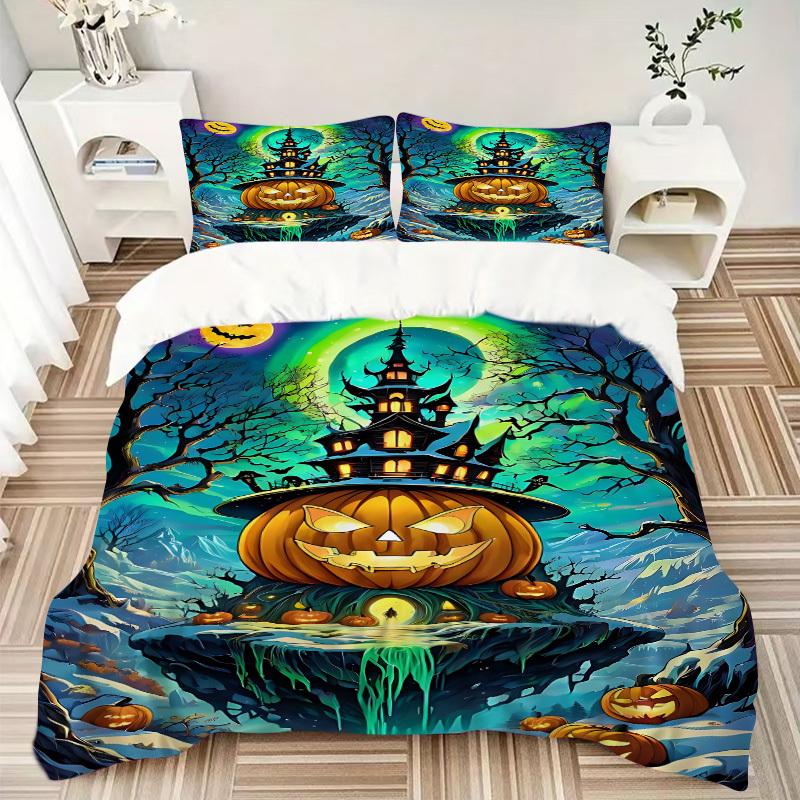 3pcs Halloween Pumpkin House Duvet Cover Set - Machine Washable, Includes 1 Cover and 2 Pillowcases, No Core Included Yy251013049
