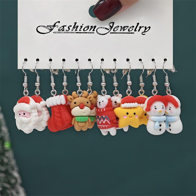 12PCS Sweet Santa Claus Christmas Tree Drop Earrings for Women Cute Cartoon Resin Elk Snowman Drop Earring Party Jewelry Gifts