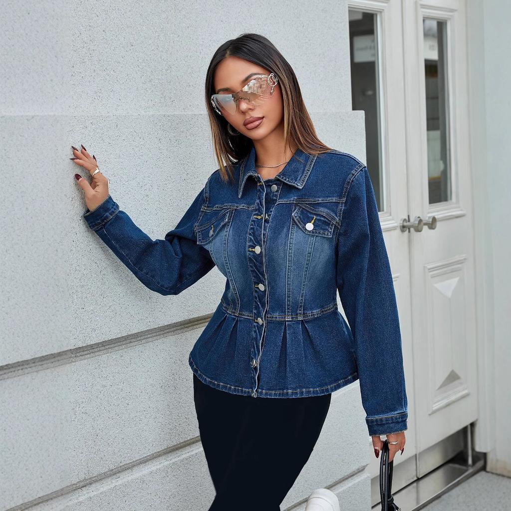 Giacca di jeans da donna con colletto alla coreana, manica lunga, vita sagomata, orlo a peplo, lavaggio vintage, capospalla corto casual da pendolare