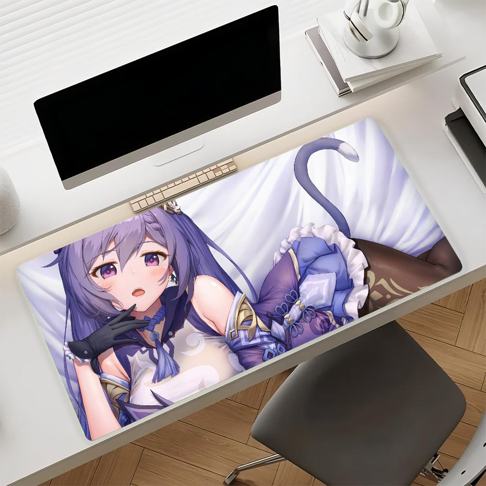 Gaming Mouse Pad Large Desk Mat Antislip Stitched Edges Stylish Purple Anime Print Extended Keyboard Mat for Gamer Office