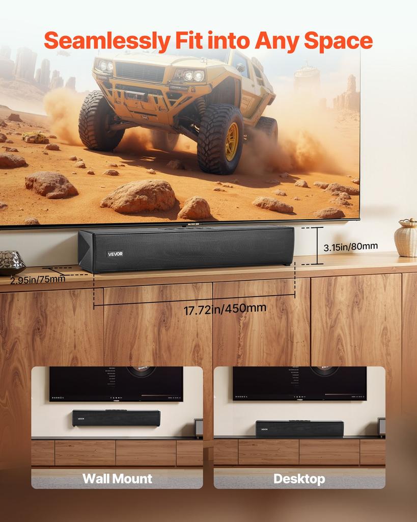 VEVOR Sound Bar for Smart TV, 2.0 Channel, 450 mm Compact Soundbar TV Speakers for Projector, Bluetooth AUX Connection, Remote Control, Easy Setup