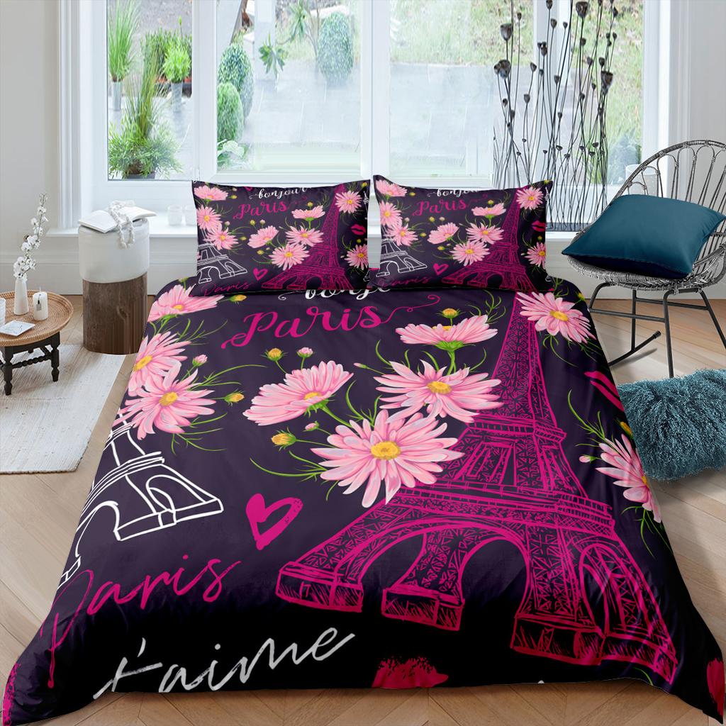 Paris Tower Theme Home Bedding Set Flowers Quilt Cover and Pillowcase 2/3 Pieces EU/US/AU/UK Single Bed Double Bed Home Decoration