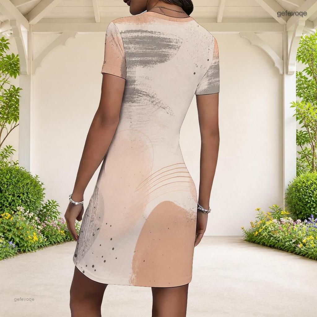 Women Plus Size Round Neck Short Sleeve Abstract Printed White Fitted Bodycon Mini Dress