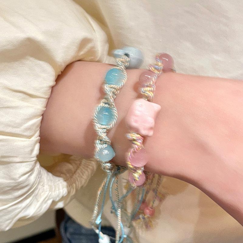 Farbiges Seil handgewebtes Keramikarmband schlichtes und niedliches KT-Katzen-Design Armband Mode süßer College-Stil Schmuck Frauen