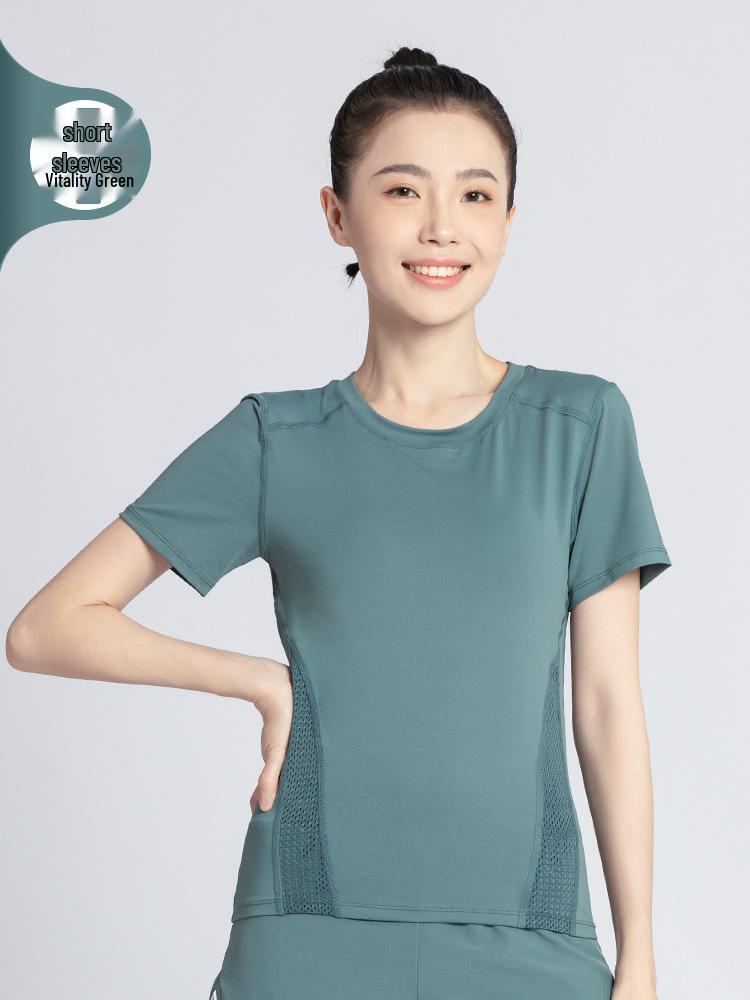 Women's Summer Yoga Outfit: Quick-Drying Short-Sleeve Top, Stretchy Mesh, Fashionable and Lightweight Fitness Wear for Morning Runs.