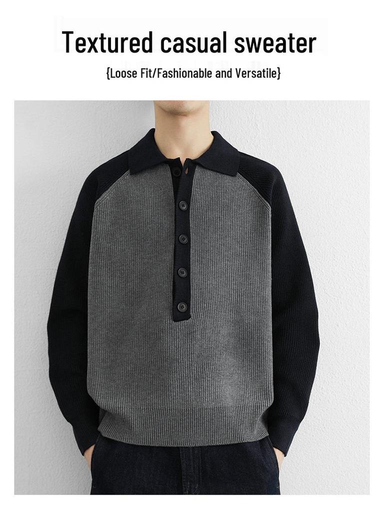 Men's 2025 Color-Block Knit Sweater Coat: Trendy Autumn/Winter Loose, Lazy Style with Half-Button and Turn-Down Collar
