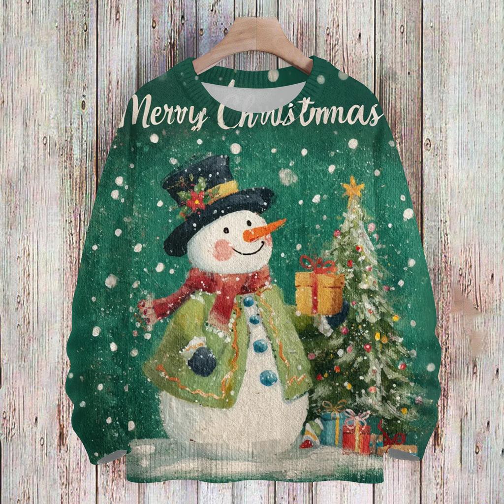 Ladies' Fashionable And Casual Christmas Cute Printed Round Neck Long Sleeved Knitted Yarn