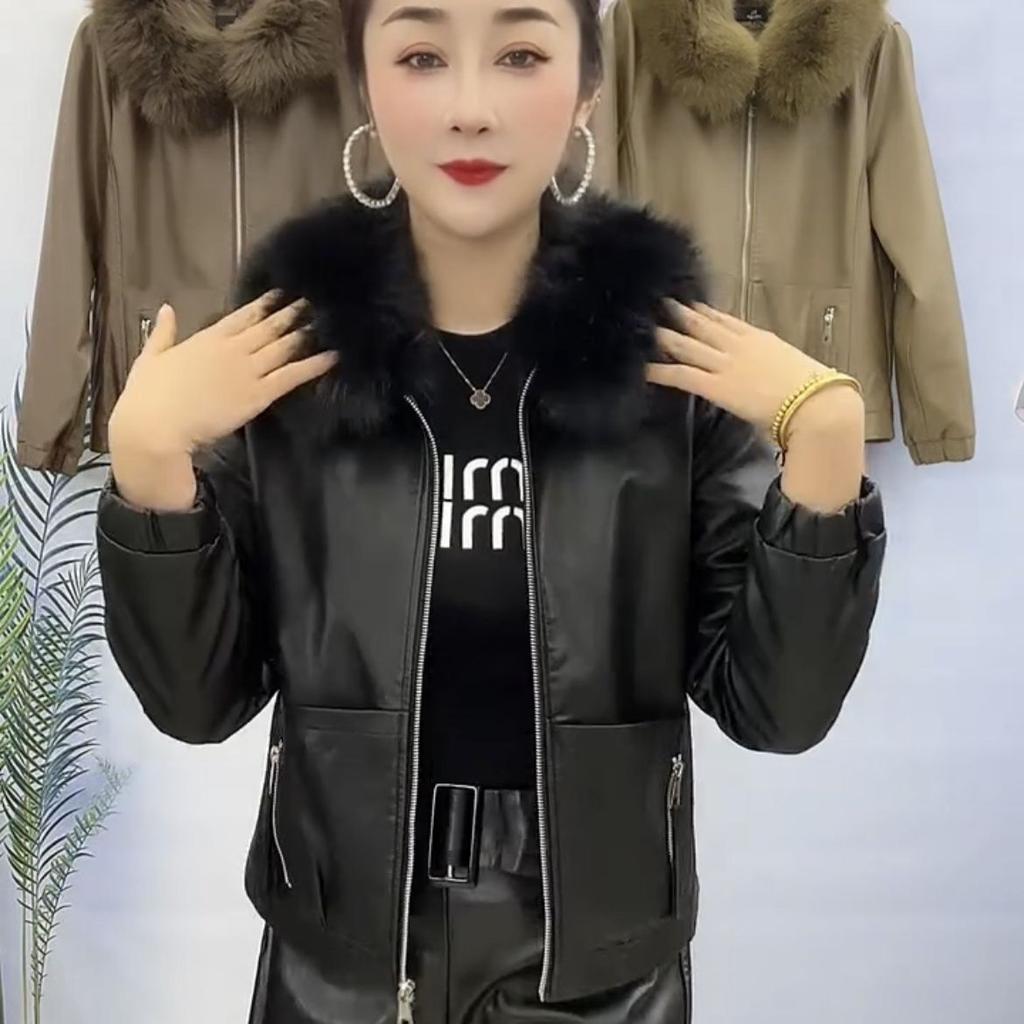 Large Fur Collar Plus Fleece Thick Leather Coat Women Autumn and Winter New Fashion All Match Warm Coat Women Leather Jackets