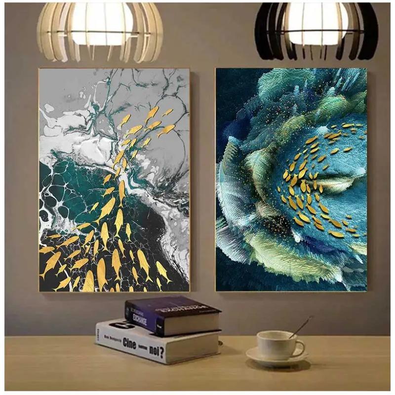 Picture for Living Room 3D Effect Tableaux Abstract Golden Feather Canvas Painting Big Blue Green Print Luxury Wall Art