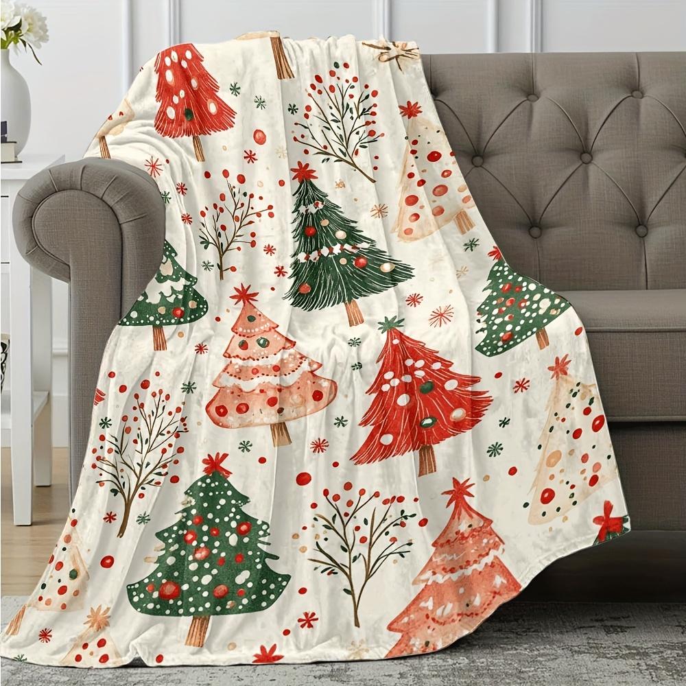 1 Stück Festliche Weihnachtbaum-Print Flanelldecke - Weiche, Gemütliche Überwurfdecke mit Roten & Grünen Bäumen, Schneeflocken und Feiertagsdekorationen