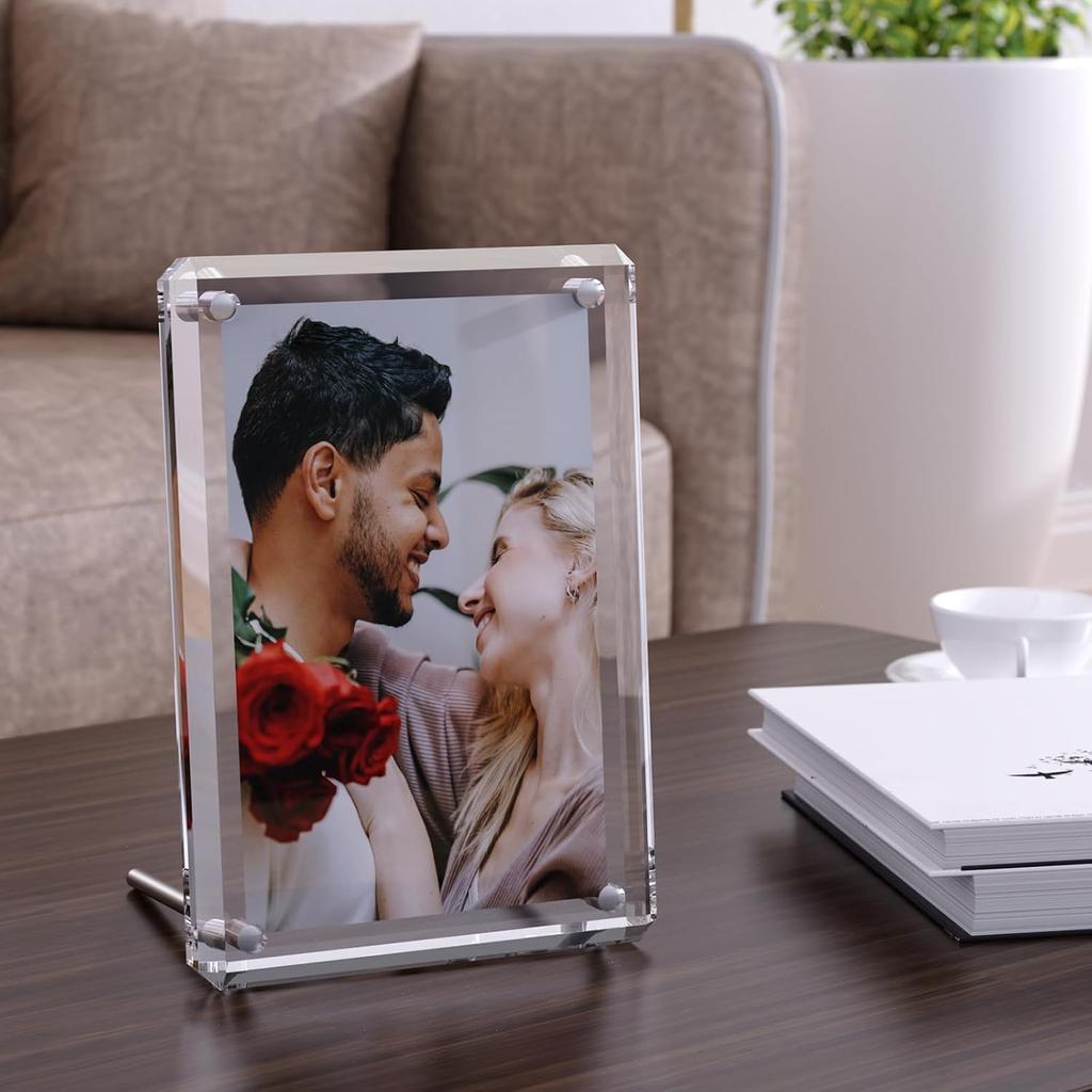 Acrylic Picture Frame 4x6, 2 Pack of Clear Magnetic Picture Frame with Diamond-Edge Design for Portrait or Landscape Display-Modern Frameless Lucite
