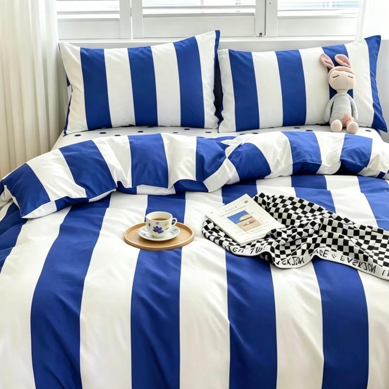 3pcs blue stripe Duvet Cover Set (1*Duvet Cover + 2*Pillowcase, Without Core),dark blue Bedding Set