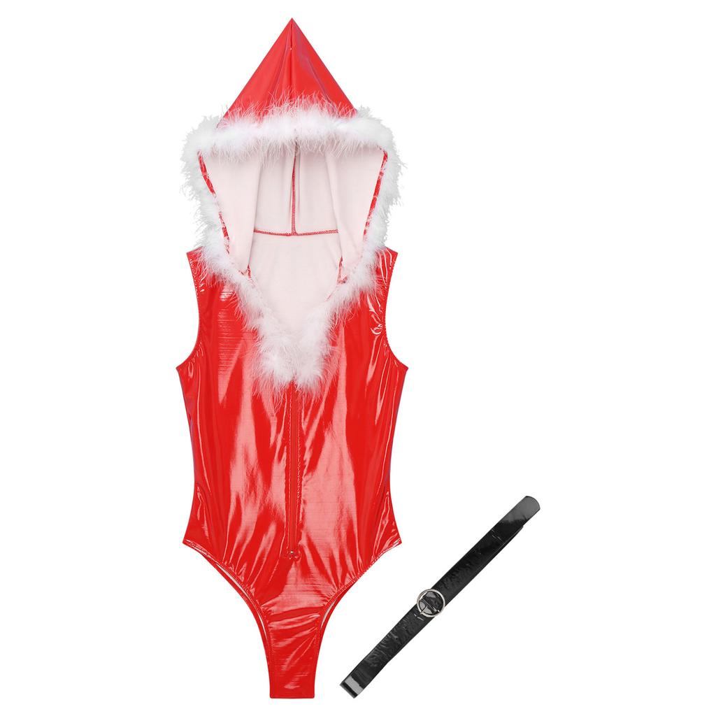 Womens Santa Claus Bodysuit Wet Look Xmas Costume Slim Fit Christmas Jumpsuit