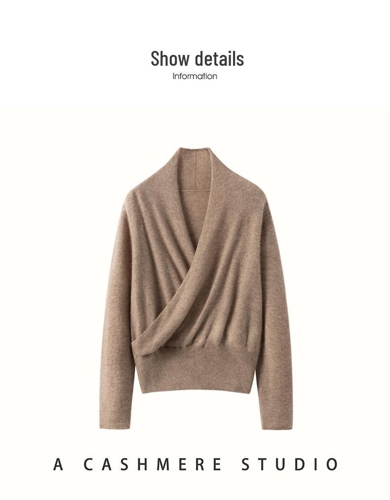Velvet Cashmere Silk Women's Cross V-neck Sweater with Waist-cinching Knit 
