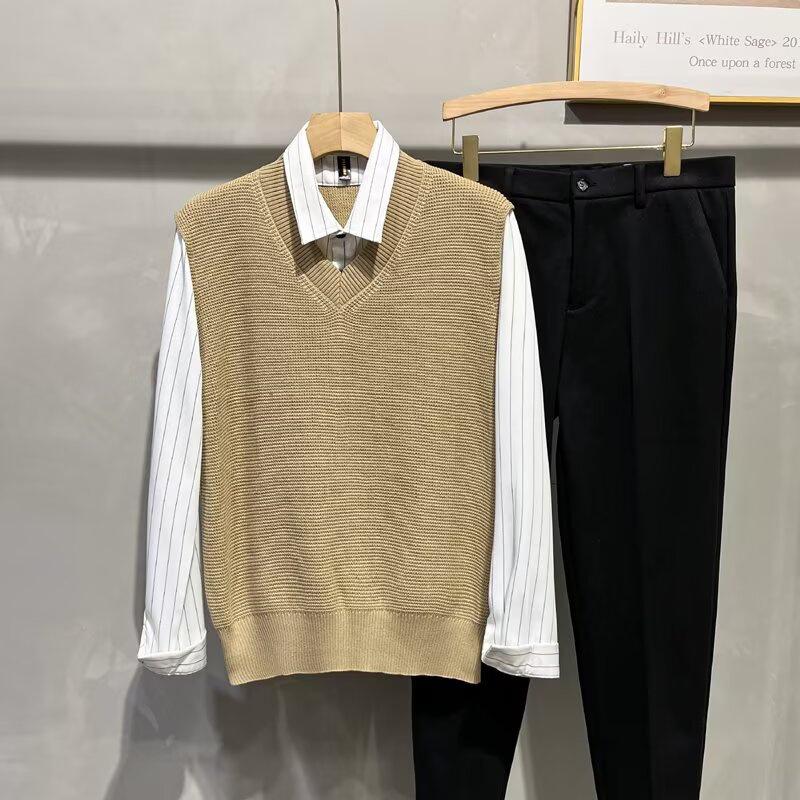Herren Herbst Preppy Patchwork Zweiteiliges Pullover-Hemd - Langarm Britischer Stil Strickweste