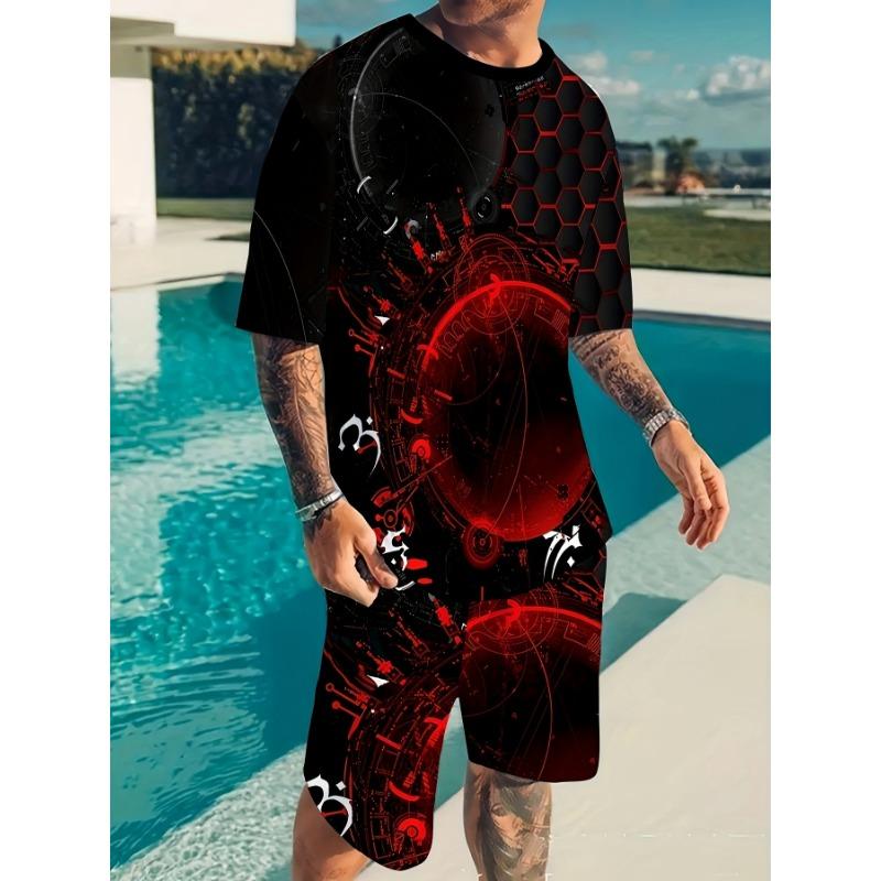 

Men s 3D Printed Suit - Casual crew neck slim fit T-shirt top and shorts XL