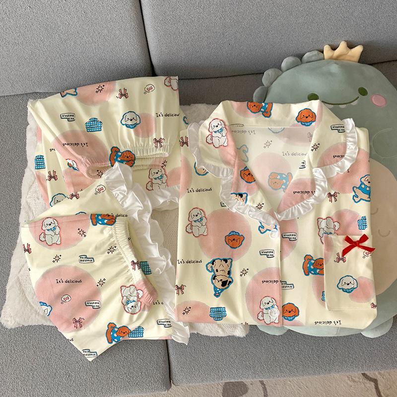 Puppy Cute Fun High-end Style Imitation Cotton Edge Pajamas Women's Summer Loungewear Short-sleeved Three-piece Set