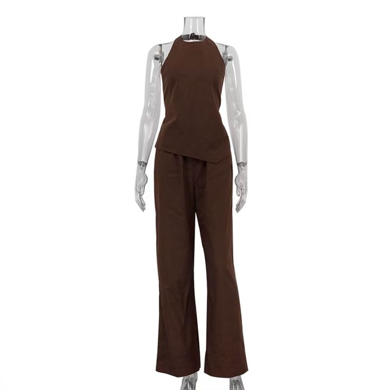 

Fashion Wind Sexy Halter Backless Shoelace Vest Pants Two-piece Set Sexy Vest and Pants Set Brown M