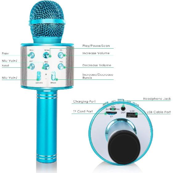 Wireless Bluetooth Karaoke Microphone for Kids, 5-in-1 Portable Handheld Karaoke Mic Speaker Player Recorder with Adjustable Remix FM Radio