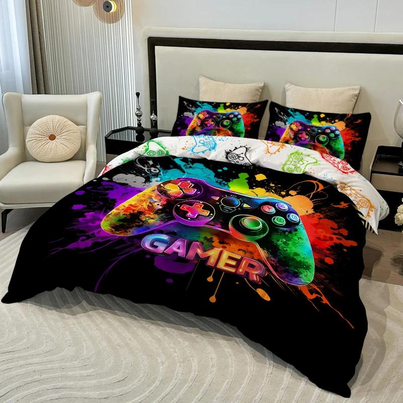 3-teiliges Bettwäscheset mit ölfarbenem Spielkonsolen-Motiv, bestehend aus 1 Bettbezug und 2 Kissenbezügen, Digitaldruck, komfortablem und weichem Stoff