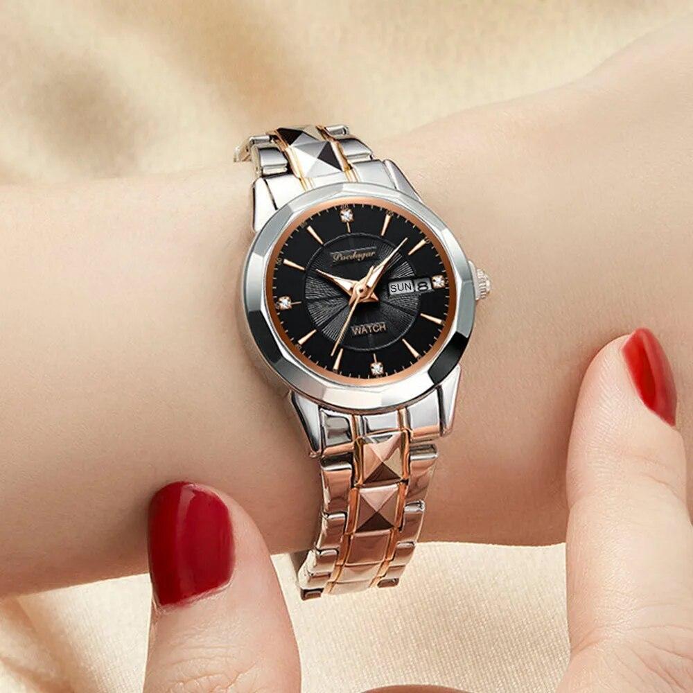 Top Marke Frauen Quarzuhr Edelstahl Wasserdicht Datum Woche Business Uhr Damen Luxus Mode Diamant Party Uhr für Frauen