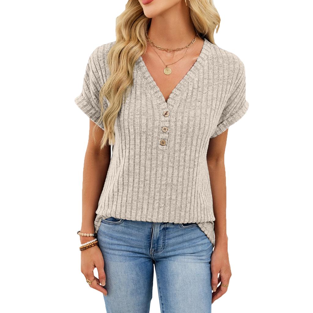 Women's Casual Fashion Comfortable V-Neck Button-Up Loose-Fit Top