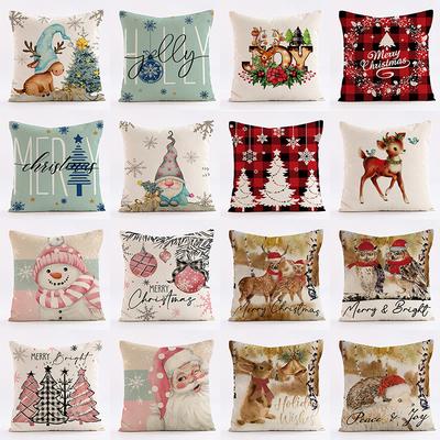 Christmas Cartoon-Themed Pattern Throw Pillow Cover With Short Plush Print For Living Room Sofa Decoration Cushion Cover