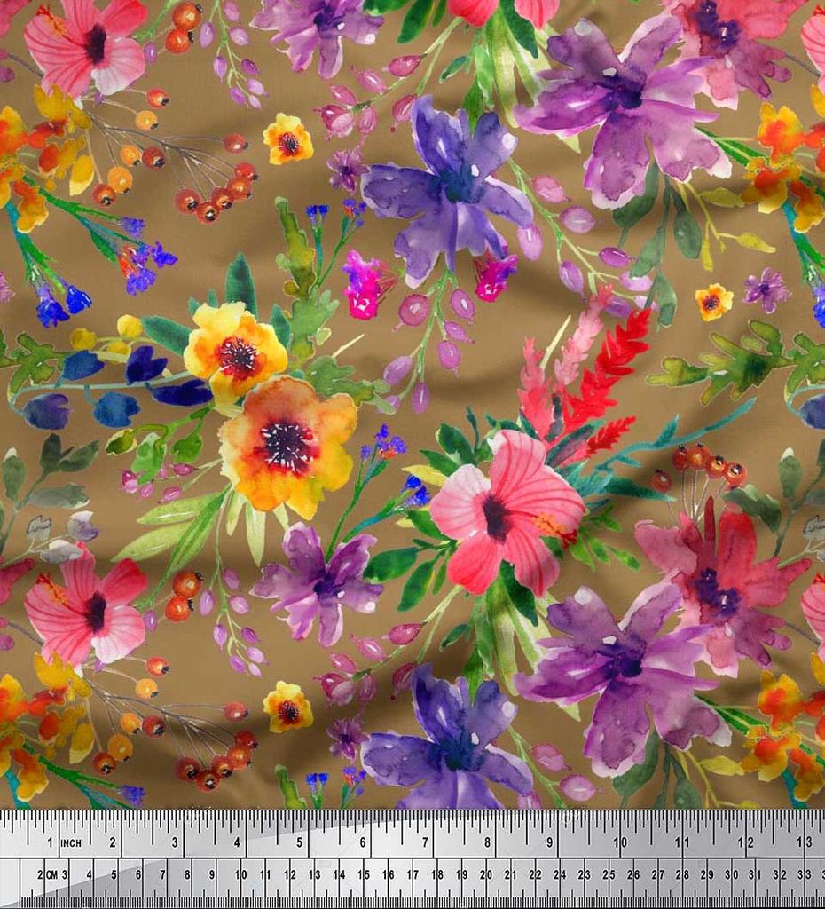 Soimoi Japan Crepe Satin Fabric Flower & Leaves Watercolor Decor Fabric Printed metre 42 Inch