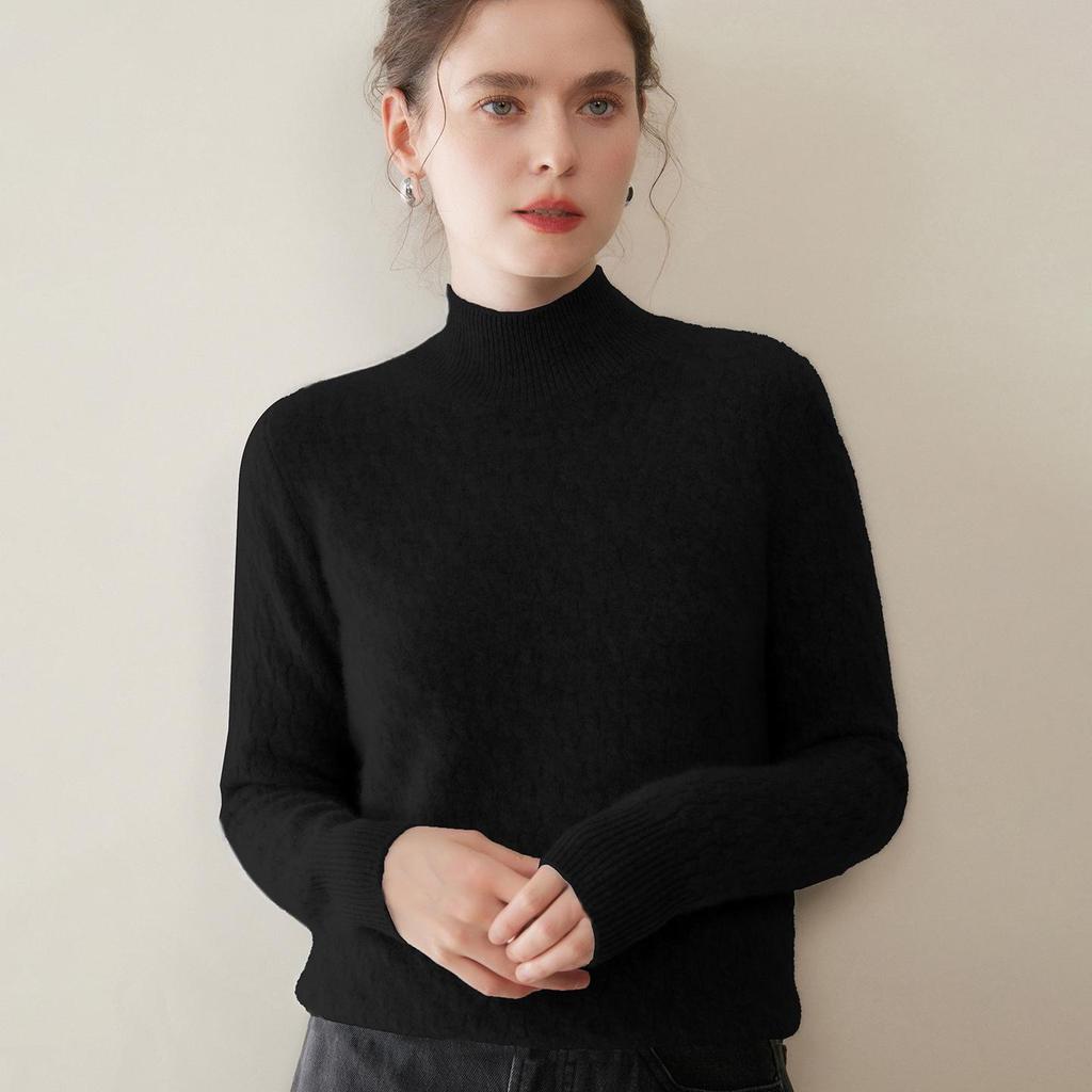 Women's Cable Knit Cashmere Sweater – Loose, Simple, Thickened, Half-High Neck for Autumn/Winter