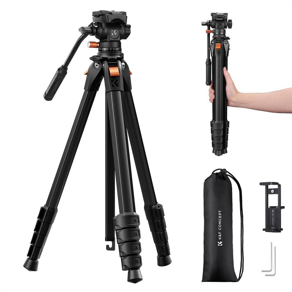 CONCEPT Compact and Lightweight Camera Maximum Height Maximum Load Capacity with Fluid K&F Tripod, 187cm, 3kg, Head.