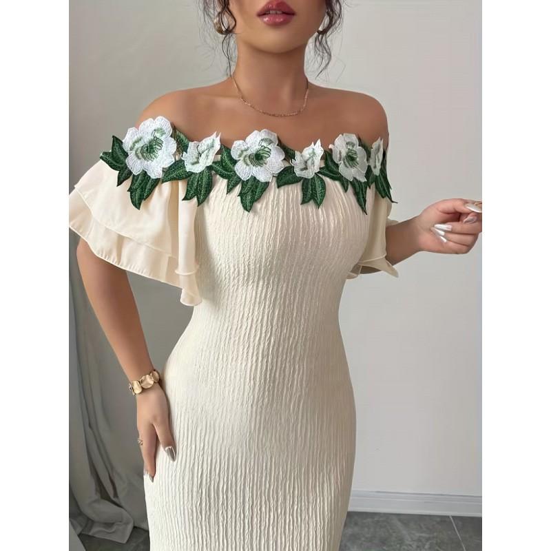 Elegant Floral Print Midi Dress Women - French Chic Sweet Style Slim Fit Off-Shoulder Bubble Sleeve Long