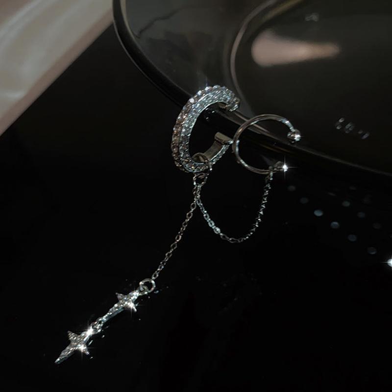 Classic Zircon Tassel Ear Bone Clip Sparkling C-Shaped Non Perforated Rhinestone Fashionable Design Earrings Women Party Jewelry