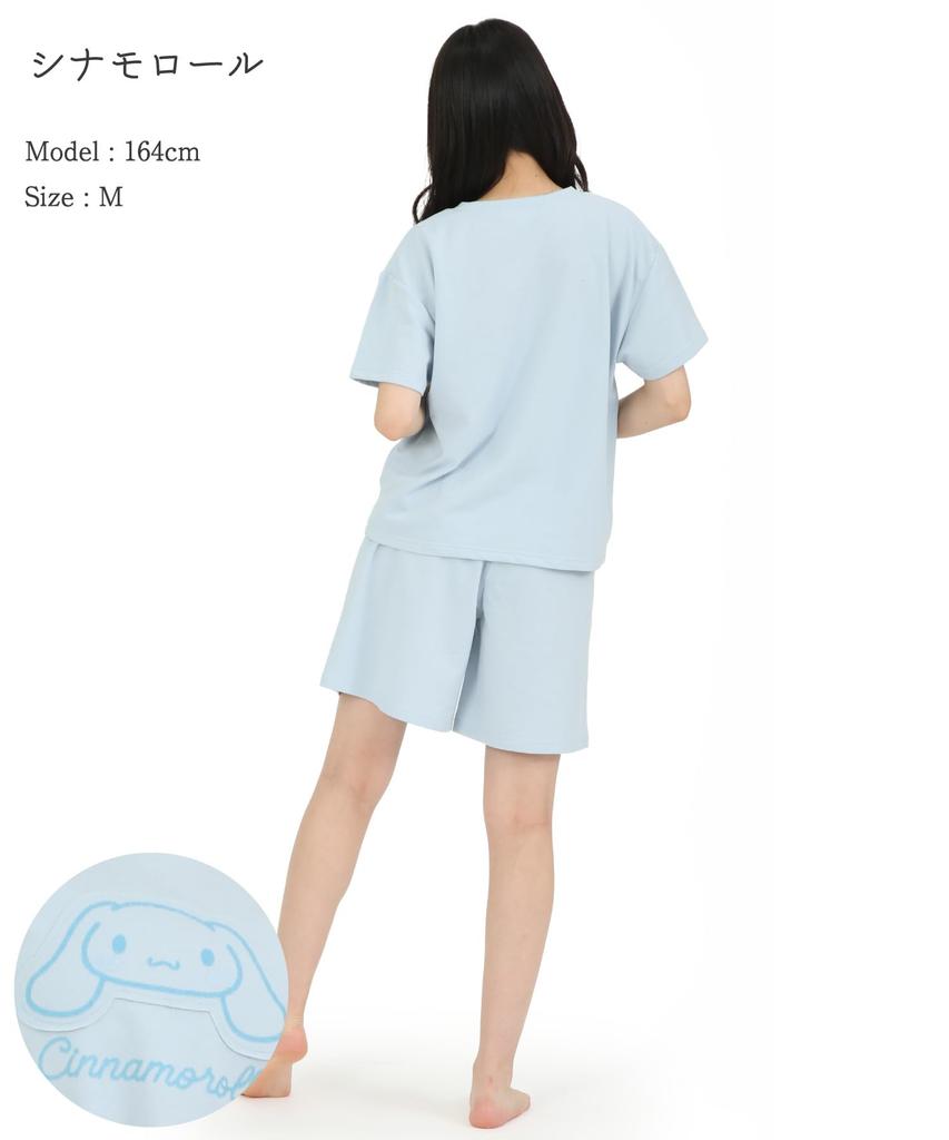 Cinnamoroll Roomwear Mini Fleece Short Sleeve Shorts Top and Bottom Set Pajamas Sanrio [SAZAC] U-Neck Women's (Sax/M/SAN1918)